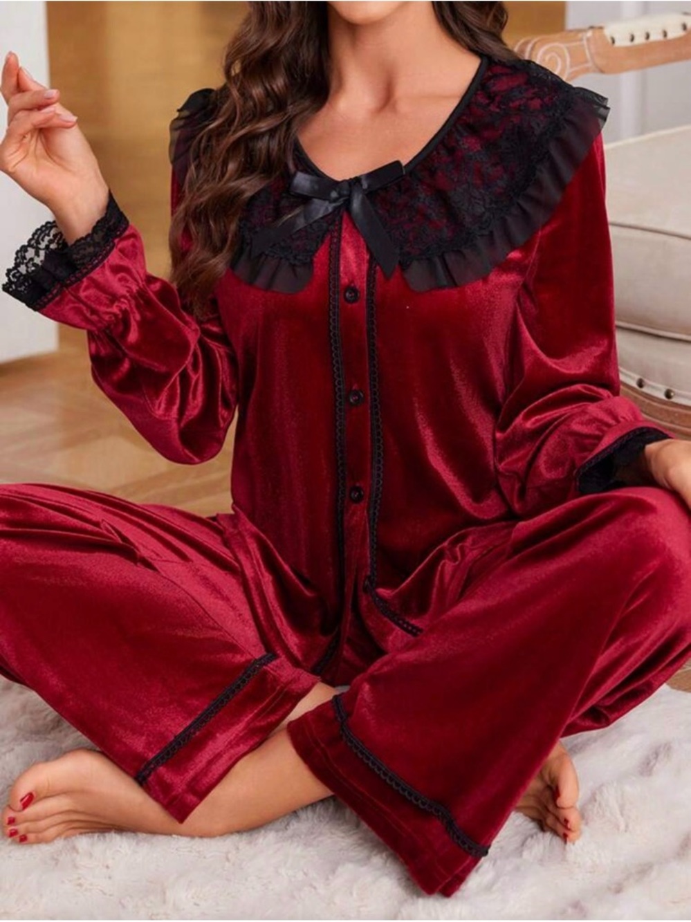 Burgundy Velvet Pajama Set with Black Lace Trim